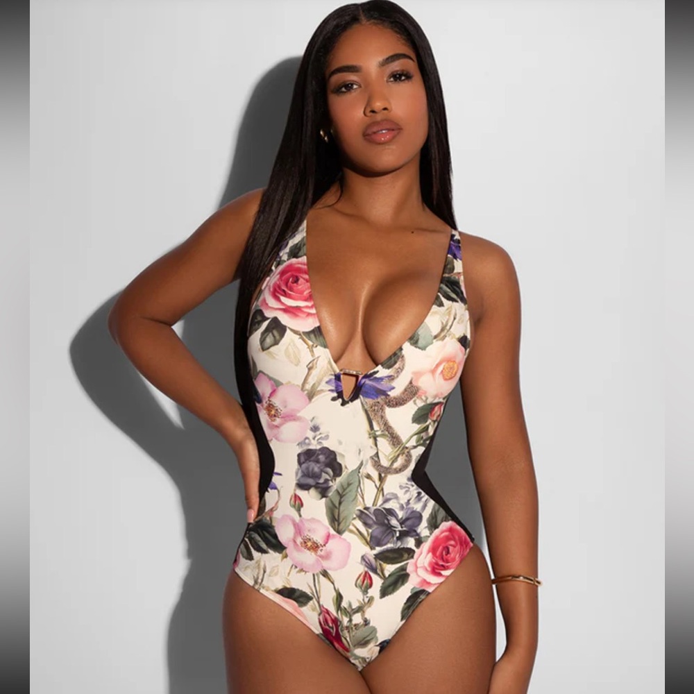 Floral Plunge One-Piece Swimsuit - Cream/Pink